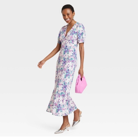 A new day pastel floral print puff sleeve midi dress medium - Picture 1 of 5